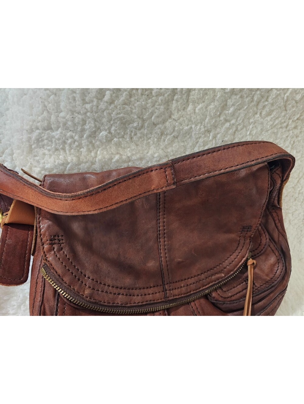 Lucky Brand Stash Fold Over Purse Hobo Bag Vintage Brown Lambskin Leather Boho - Picture 9 of 16